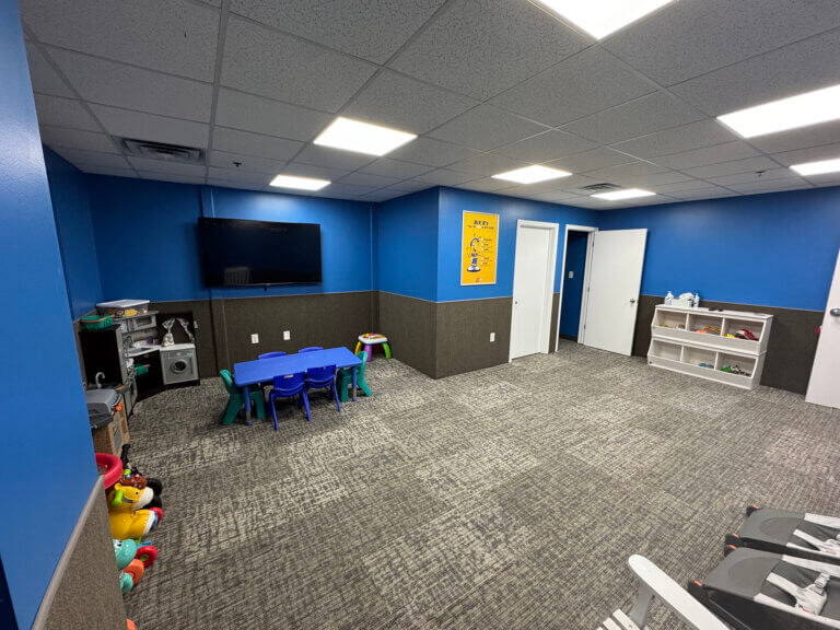 Blue children's playroom with toys and TV