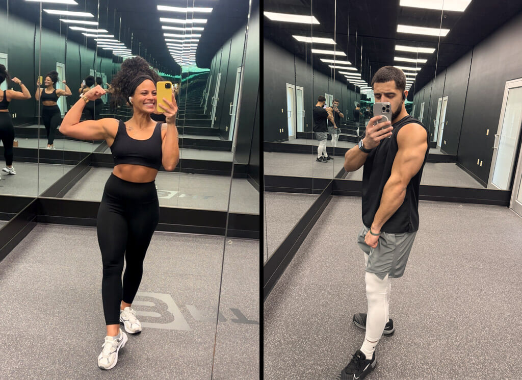 Two people taking gym mirror selfies