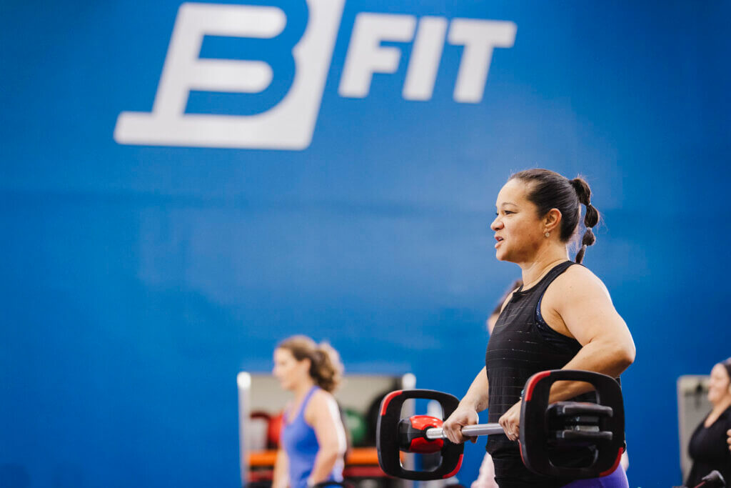 Gym member in Evansville gym BFit Gym + Fitness lifting barbell in Les Mills STRENGTH DEVELOPMENT class